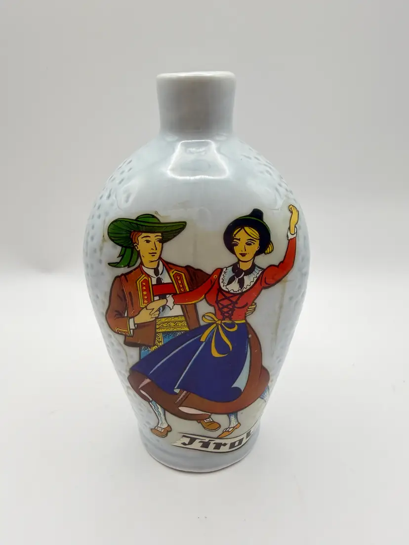 Vintage Schroffen Enzian Austrian Ceramic Schnapps Bottle Tyrol Dancers Decanter