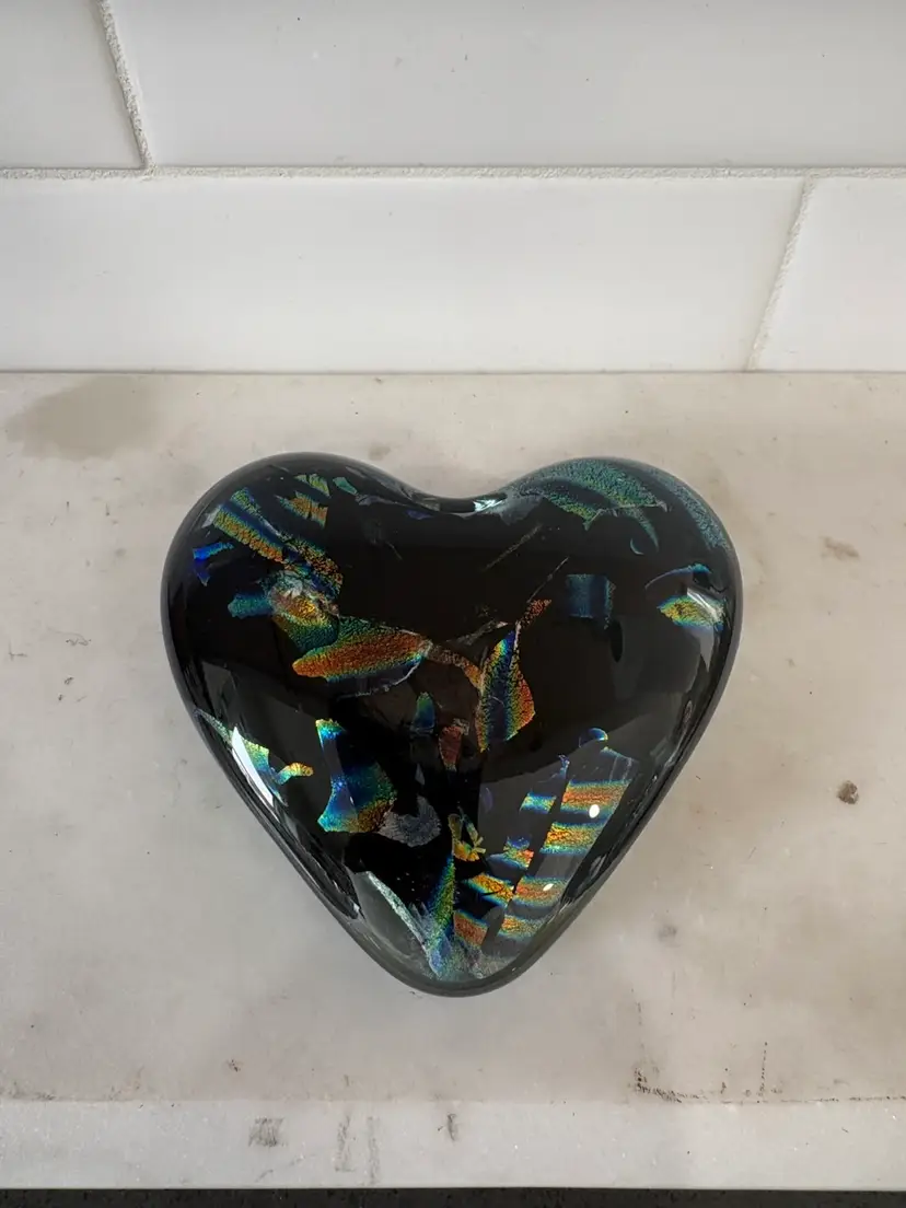Vintage Dichroic Paperweight Iridescent Flakes Heart Shaped Signed “Vines 95”