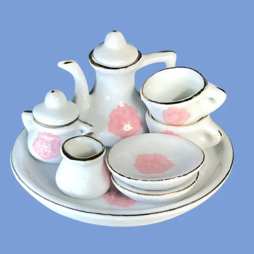 #123- Miniature Coffee Tea Set Pink Flower 10pc
Coffee Pot Creamer Sugar Saucers Cups
Doll House