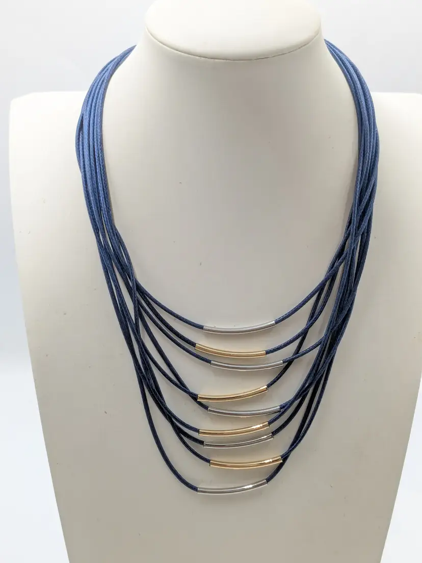 Loft Outlet Layered Blue Cord Necklace with Gold and Silver Tone Bar Accents