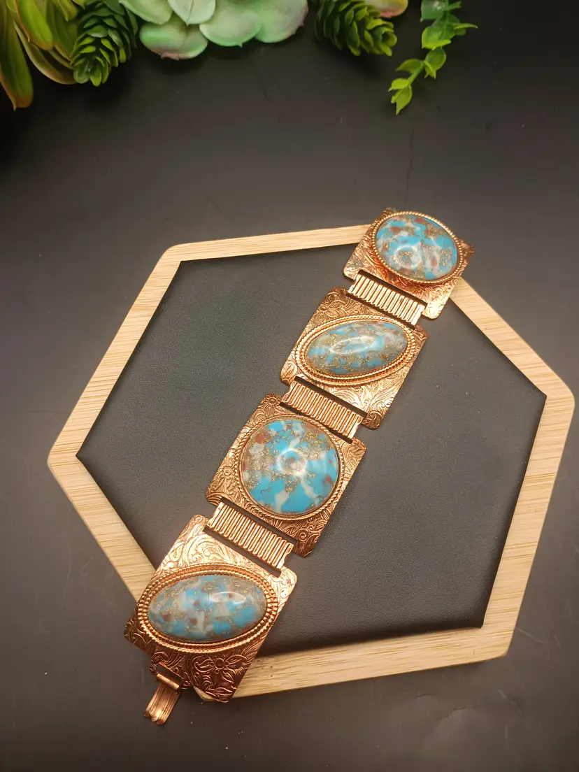 Vintage Copper Turquoise Blue Confetti Cabochon Bracelet
