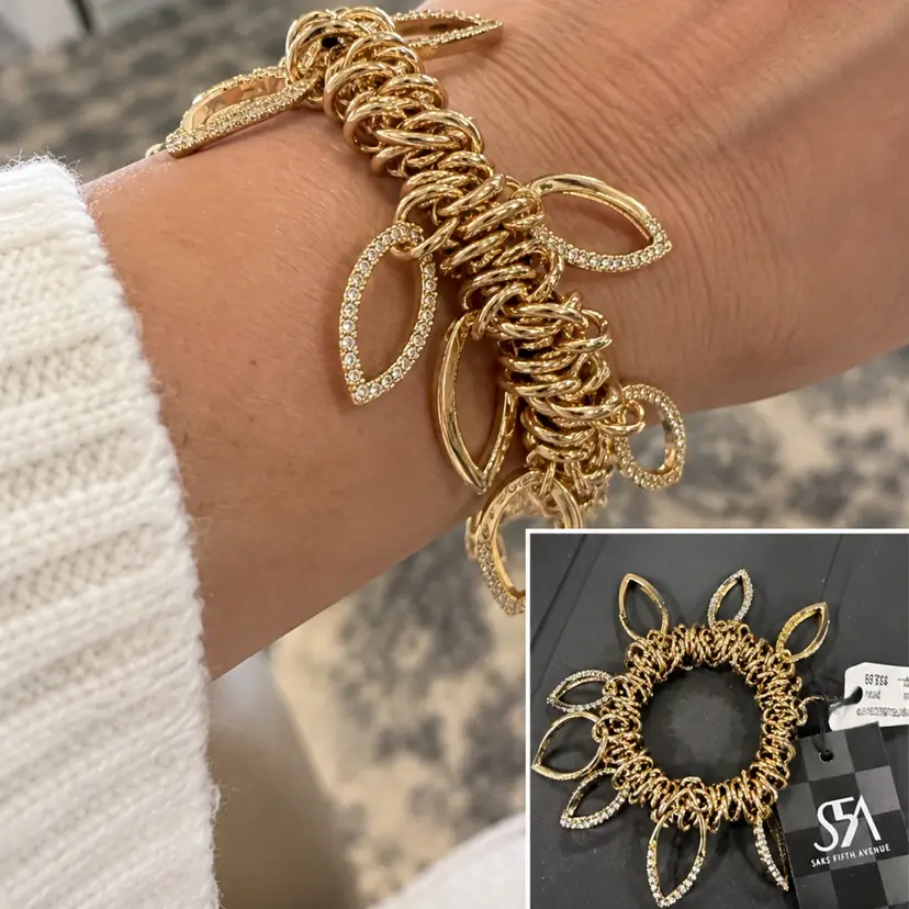 Saks Fifth Avenue Chunky Statement Gold Bracelet Stretch Dangle Charm Cz Bling New