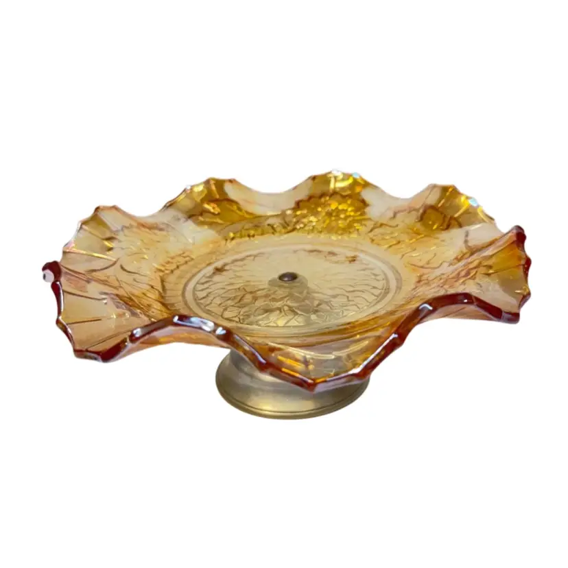 Vintage Ruffled Marigold Carnival Glass Pedestal Serving Dish 9” Diameter Fall Leaf Themed