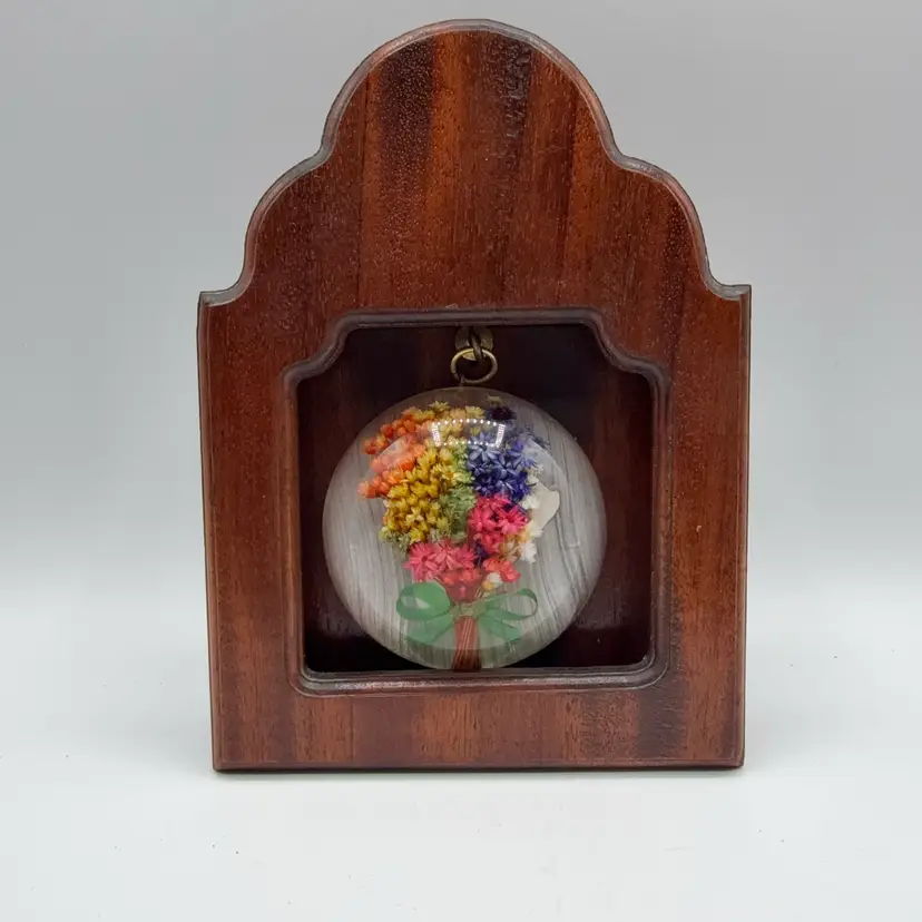 Lucite Rainbow Flowers Paperweight As Art Framed In Wood
