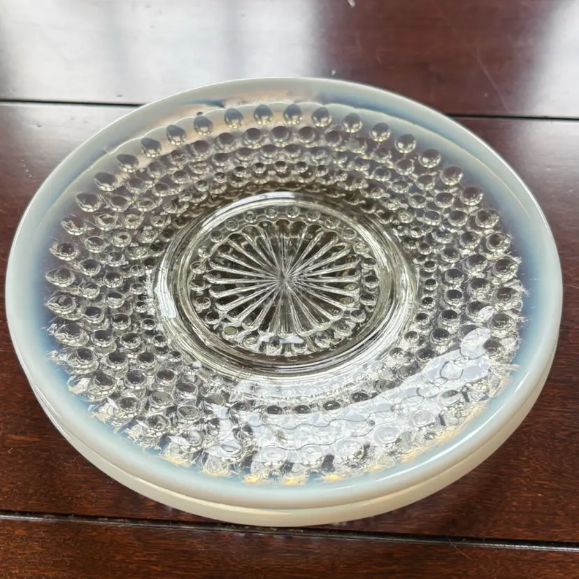 Set Of 2 Anchor Hocking Moonstone Opalescent Hobnail Glass Plates/Saucers from the 1940s.