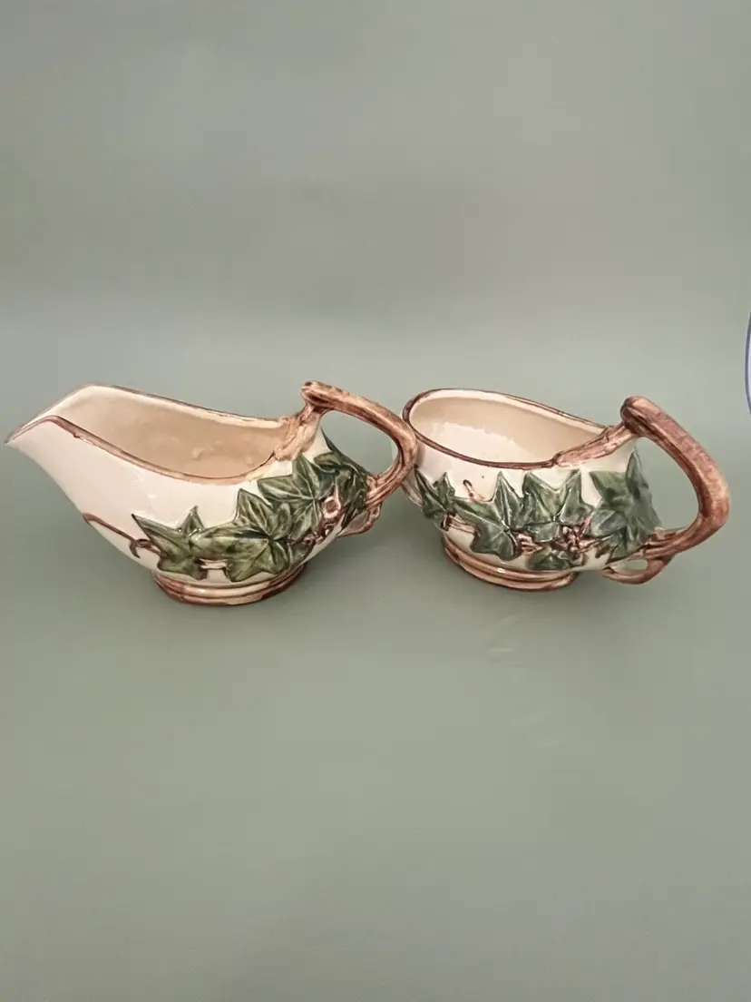 Vintage McCoy Pottery Ivy Creamer and Sugar Bowl Set Green Leaf Cottageware