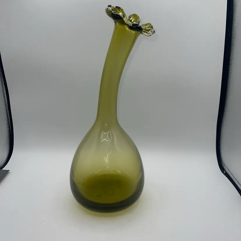 Art Glass Vase Mid Century Modern Decor 15" Curved Olive Green Avocado