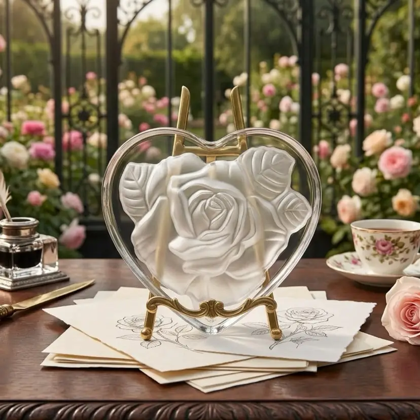 Vintage 1980s Reversed Etched Rose On Heart Paperweight