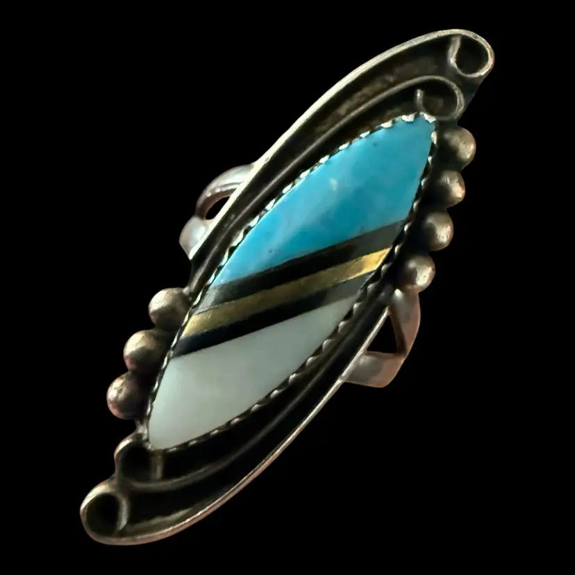 Sterling Silver Turquoise & Mother Of Pearl Inlay Southwest Ring Size 6