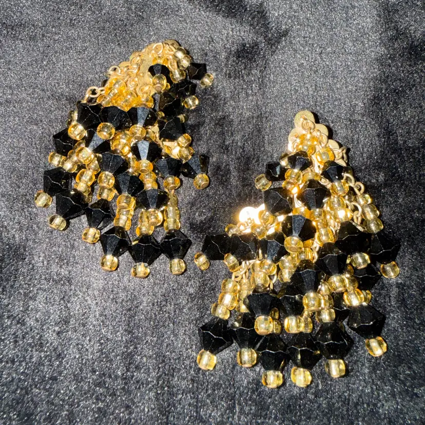 Gold Tone And Black/amber Bead Clip Ons