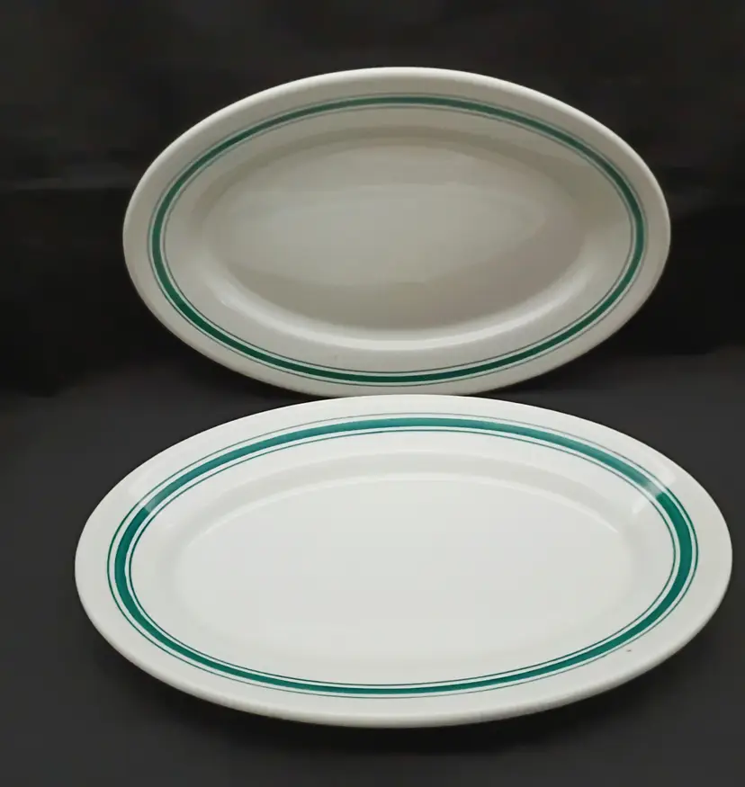 2 Toulaine Oval Side Dish Plates ~ Restaurant Ware Ironstone Green Stripes ~ EXC