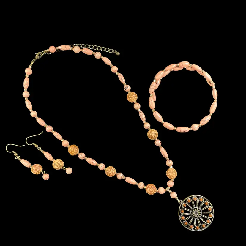 3pc Avante Jewelry Upcycled Pendant Necklace Earrings Bracelet Coral Brown