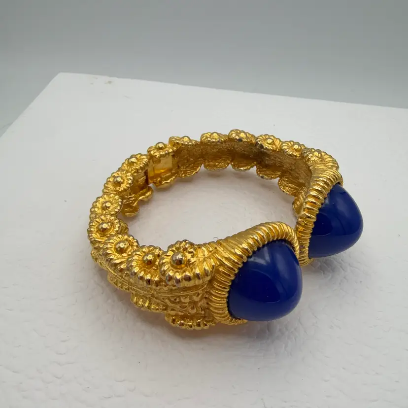 Runway Couture Kenneth Jay Lane 1960s Goldplated Faux Blue Lapis Cabochon Clamper Hung Bracelet - RARE COLLECTOR’S PIECE
