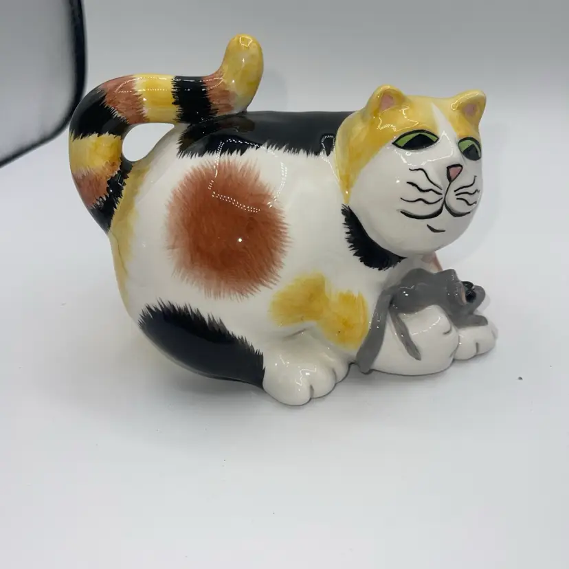Fitz & Floyd Calico Kitty Cat & Mouse Piggy Bank Gift Gallery Black White Yellow