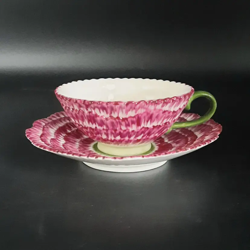 Two's Company(?) Fuchsia Pink & Green Flower Teacup & Saucer