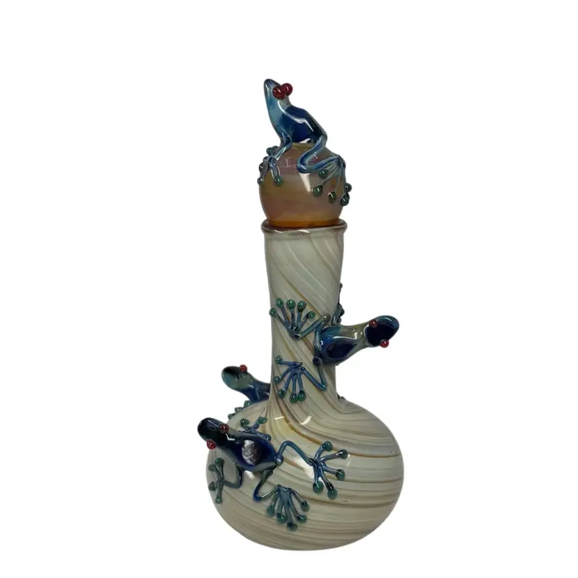 Vintage Milon Townsend 1999 Lithaline Art Glass Perfume Bottle Butterscotch Swirl W/ Blue Poison Dart Frogs
4” x  2”