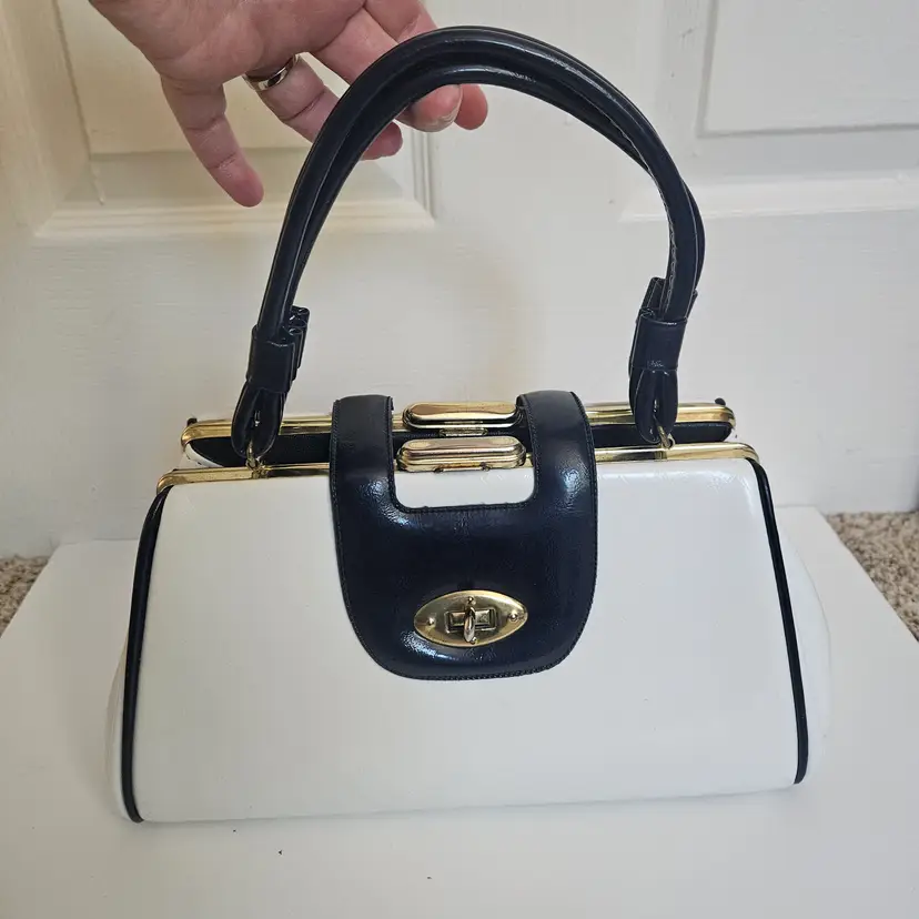 Vintage Handbag Navy and White Faux Leather Gold Hardware MCM