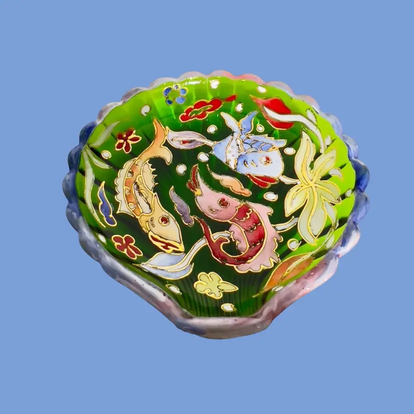 #189- Glass Trinket Dish Hand Painted Enamel Cloisonné Fish
By Jose Cire Royo
Green Glass ShellSpain 1941-1969