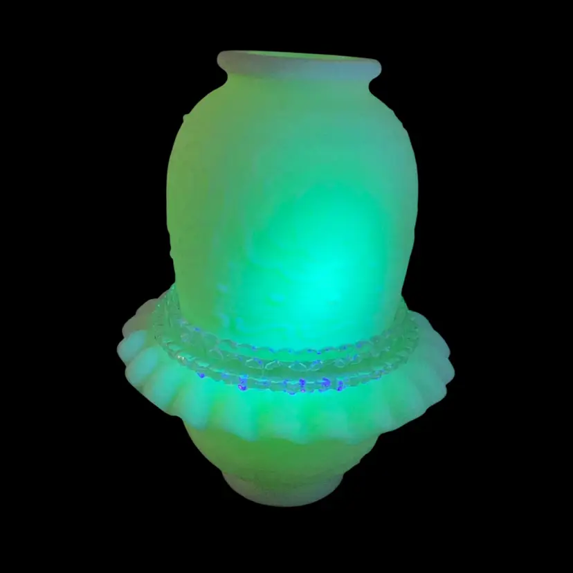 a vintage Fenton Persian Medallion Fairy Lamp crafted from satin custard glass. Uranium Glows Original Fenton Stamped Insert No Chips Or Cracks