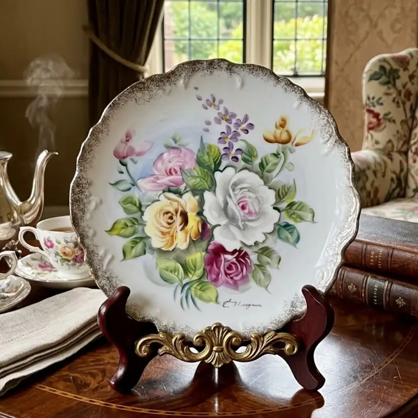 Signed E Ishigura Vintage Rose Wall Plate, 1960s Collector Plate Painted Porcelain 8.5 Inches
