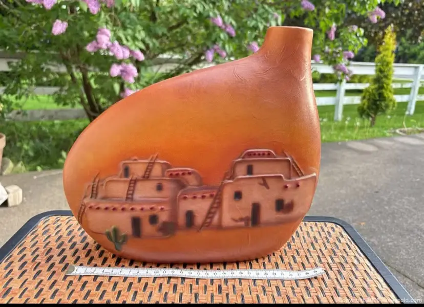 Southwestern Leather Cover Ceramic Vase featuring a Pueblo Village, ~12–13" Long