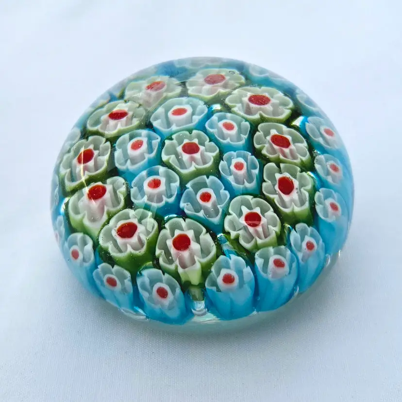 Art Glass Millefiori Paperweight Hand-Crafted 2” Diameter Dull Rough Pontil Unbranded