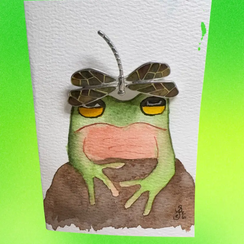 Original Watercolor Card There’s A Dragonfly On My Head? 5 X 3.5”