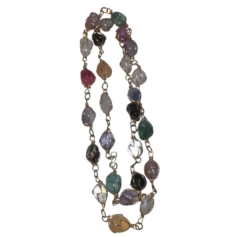 Wired Wrapped Stone Necklace Gold Tone Wire  28”