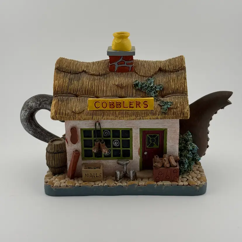 Telltale Teapots Joey McCarthy Cobblers Shop #33364 Figural Decorative Teapot | Whimsical Cottage Shoe Shop Collectible