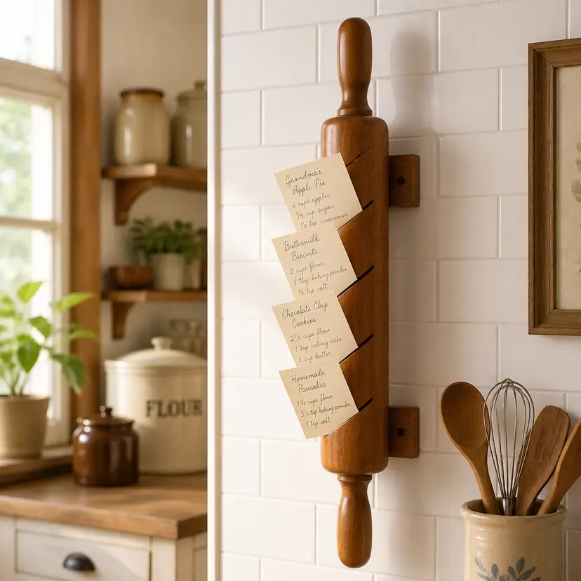 Vtg Wooden Rolling Pin Recipe Card Holder, 18"