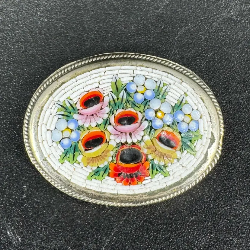 Vintage Micro Mosaic White And Floral Brooch ALP