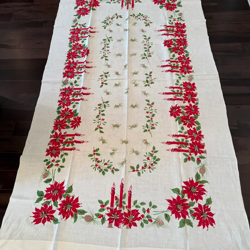 Vintage Christmas Table Cloth Pine Cones/Candles/Poinsettia 58 X106” Mint