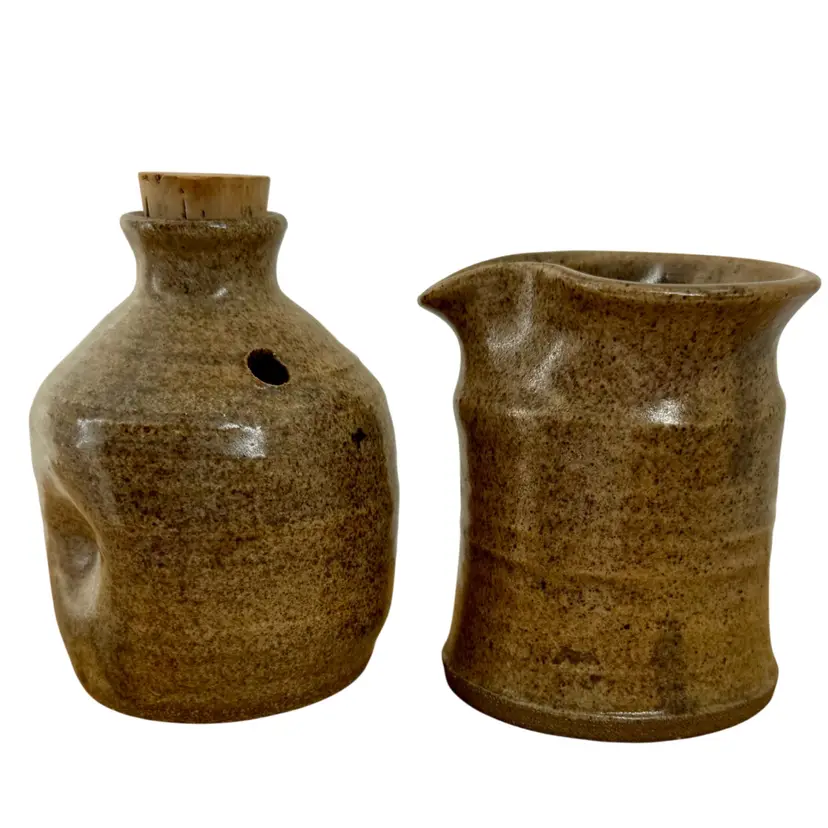 Vintage Three Tribes Stoneware 3TS Pottery Oil Cruet & Creamer Set Signed
3.5” T x 2.75” W & 4” T x 3” W