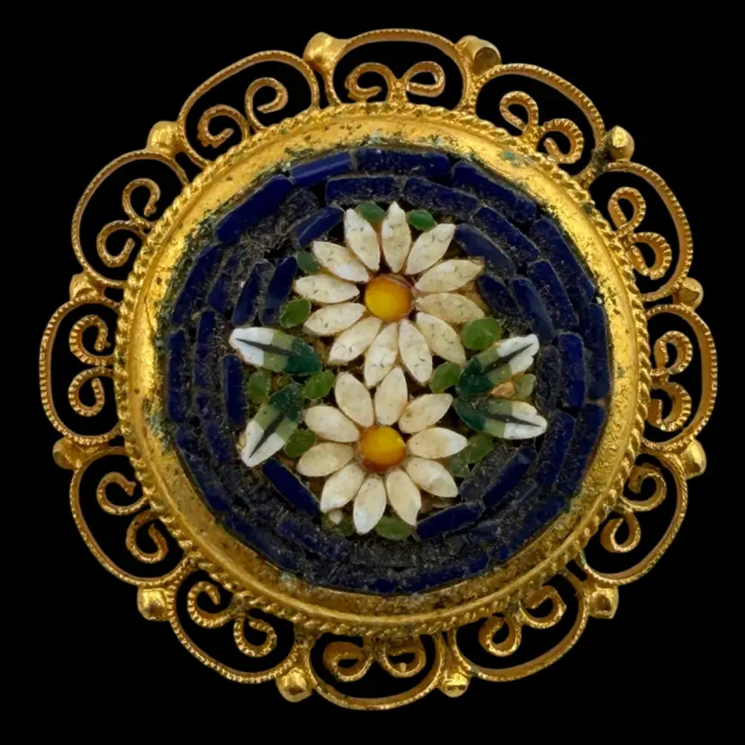 Italian Micro Mosaic Daisy Brooch 1.3"