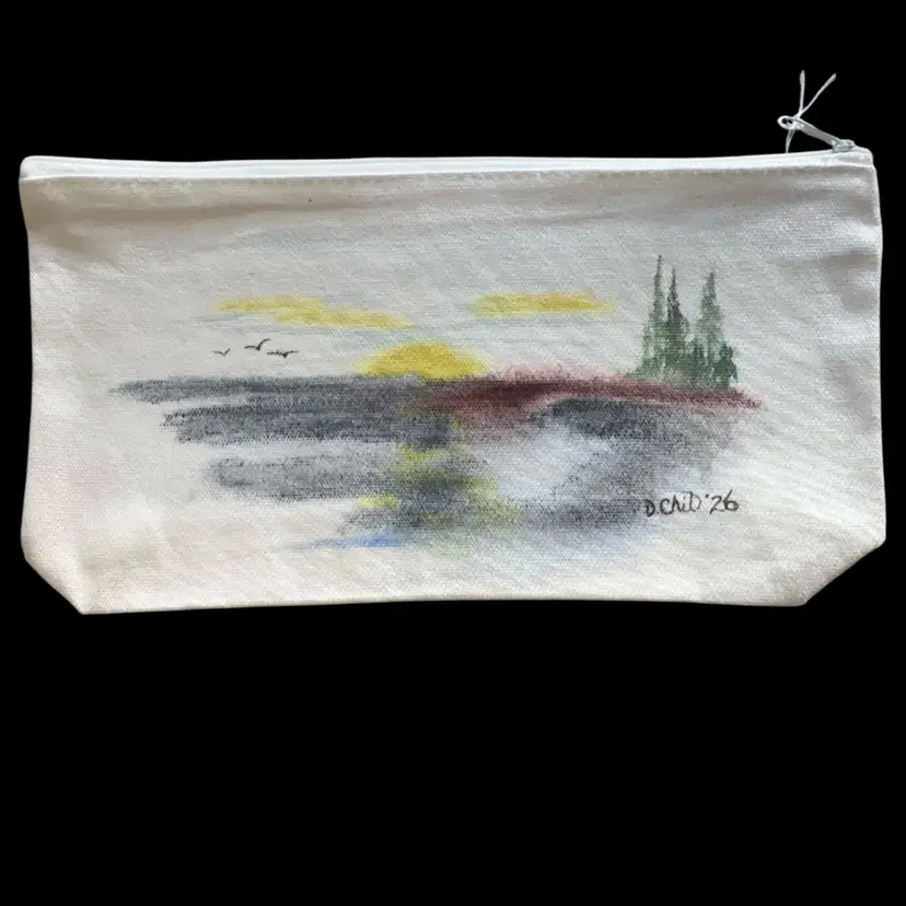 “Sunrise ” Watercolor Original  Zippered Pouch With A Coastal/Lake/Waterway Theme.  Waxed 10 1/2”x 5”x 2”
