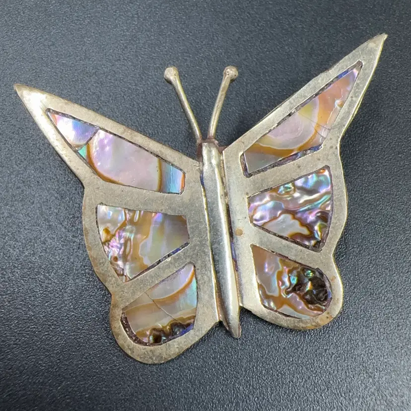Vintage Sterling Silver And Abalone Butterfly Brooch made In Mexico
