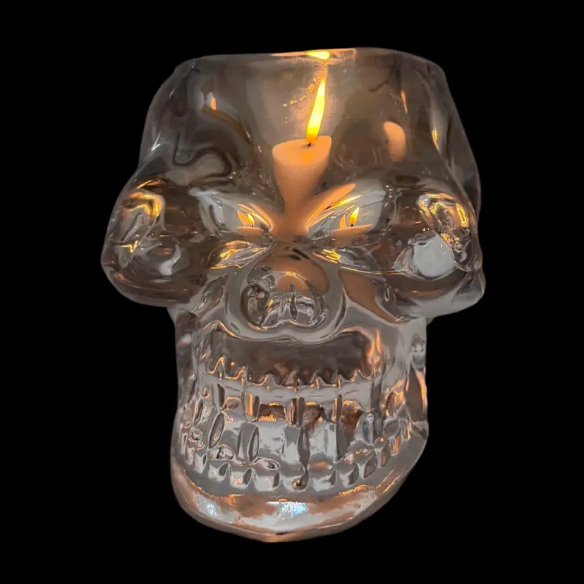 Vintage Halloween Clear Glass Candle/Votive Holder  Skull Scary Heavy
3.5” T x 5” W x 3” L 2” Opening
