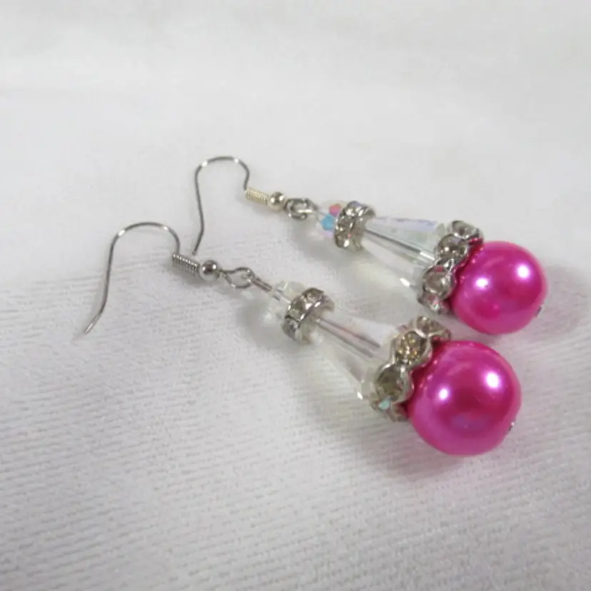 Pink Earrings, Rhinestone Spacers,  Glass faceted beads, PInk faux Pear Beads handmade