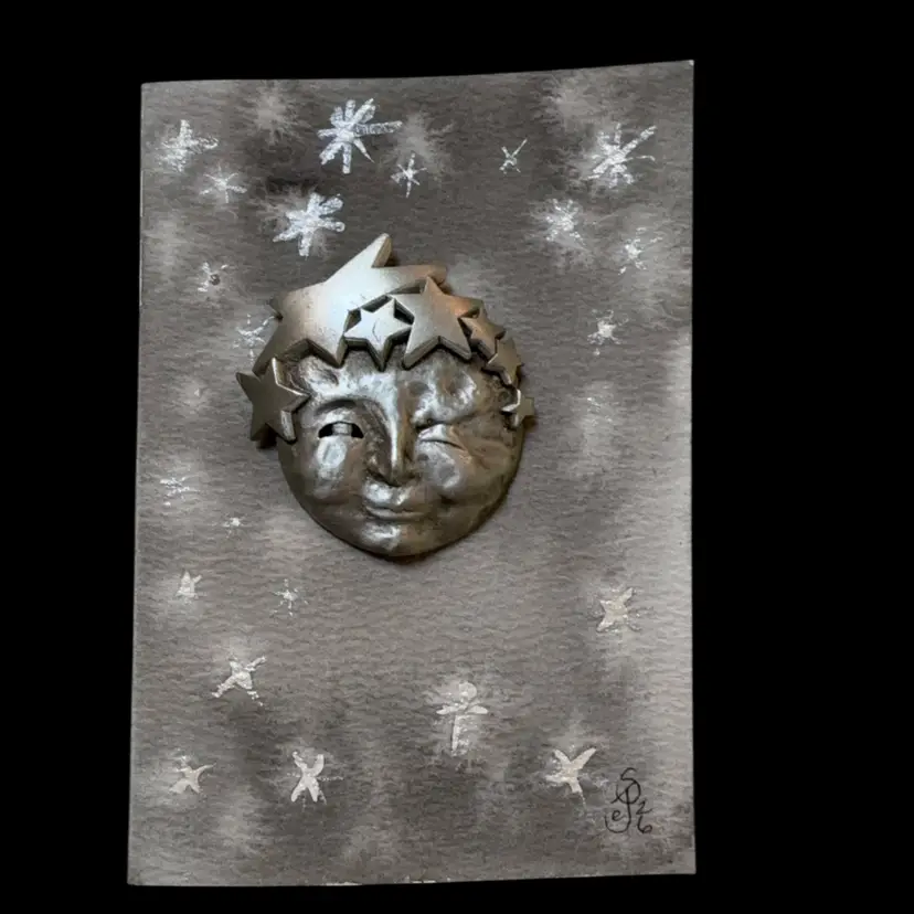 Original Watercolor Card With Vintage Moon Brooch. Comes With Tissue And Box 5” X 3.5” Blank Inside