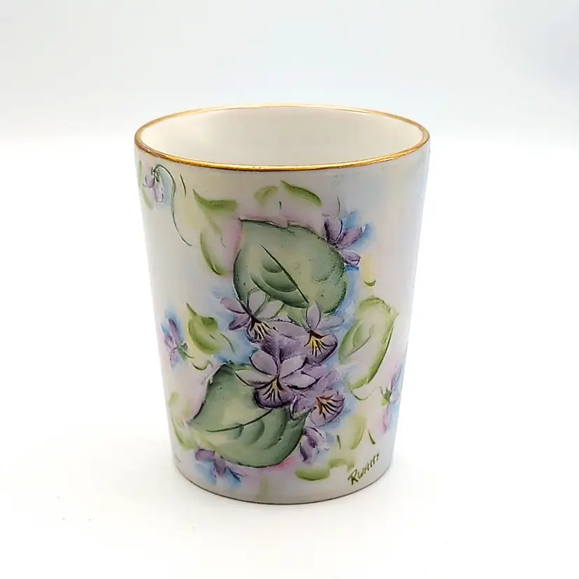 Vtg Hand Painted Violets Gold Gilt Rim Porcelain Tumbler Cup Signed R Watts