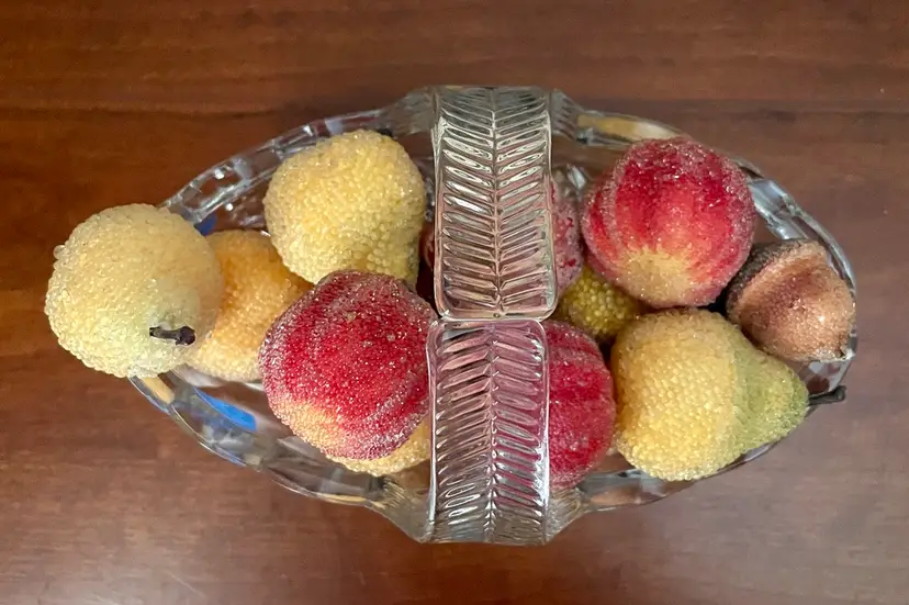 Clear Cut Glass Display Bowl with Handles Small Beaded "Sugar" Frosted Artificial Fruit - READ