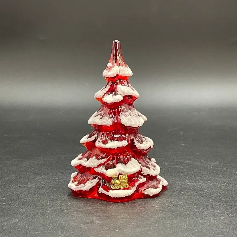Fenton Glass Red Tree with Snow Gold Train Vintage Christmas Figurine 4"