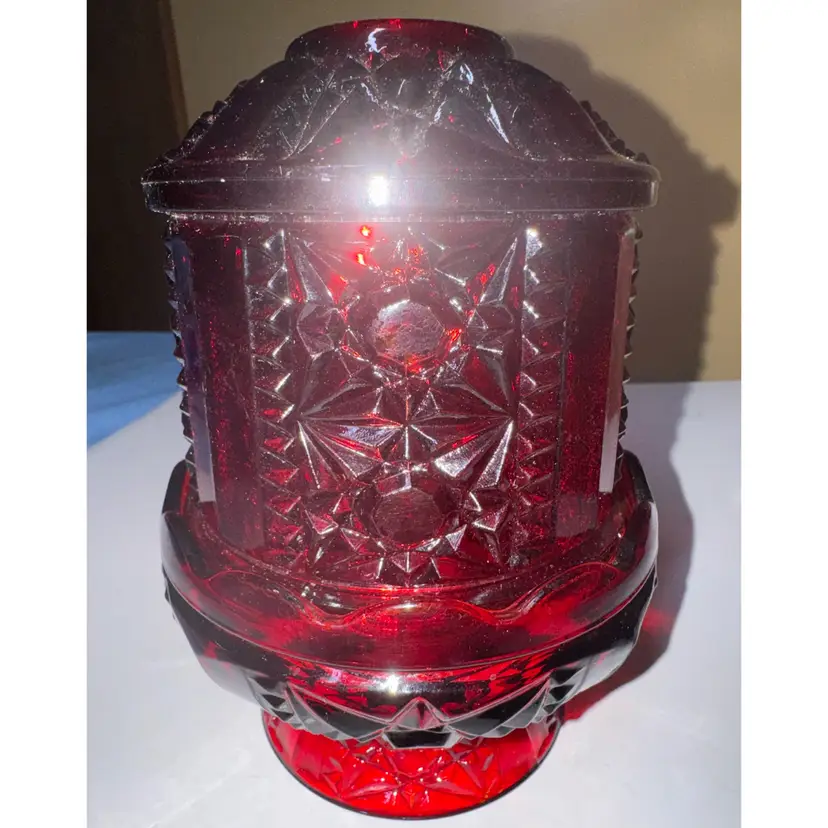 Fairy Lamp Indiana Glass Ruby Red Flash Stars and Bars 6.75” tall