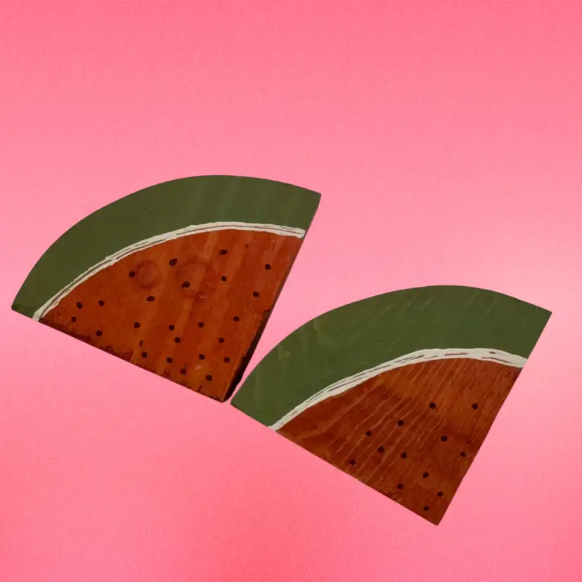 2 Wooden Watermelon Slices 4” X 2 3/4” X 3/4”