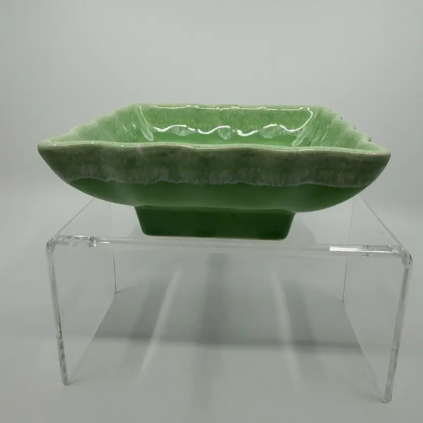 Vintage Light Green White Drip Glaze Low Pedestal Planter Dish 601 USA