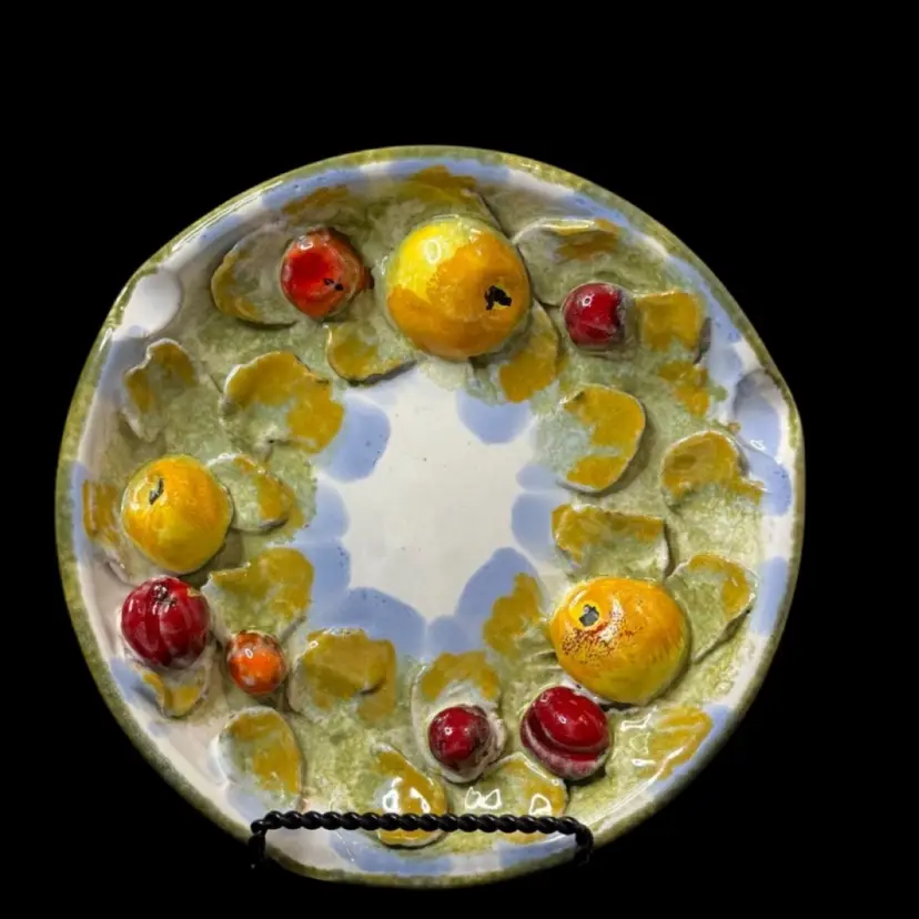 Raised Fruit Pottery Trinket Dish-Decor-Ashtray Hand Painted Yellow Pears-Red Berries-Signed Italy 7-3/4” W x 1-1/4” H