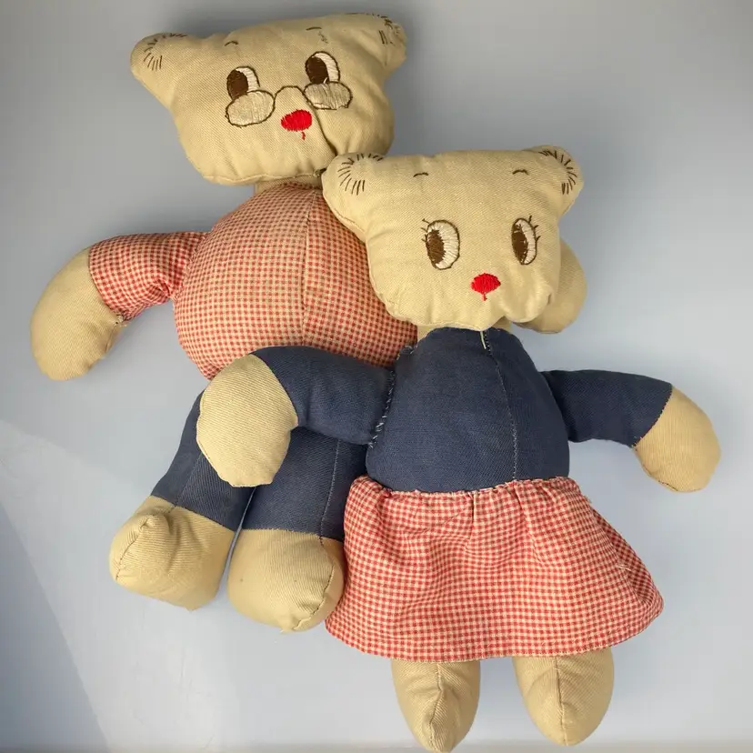 Mama & Papa Bear Stuffed Embroidered Cloth Dolls Handmade 1930s Vintage 10-11.5"
