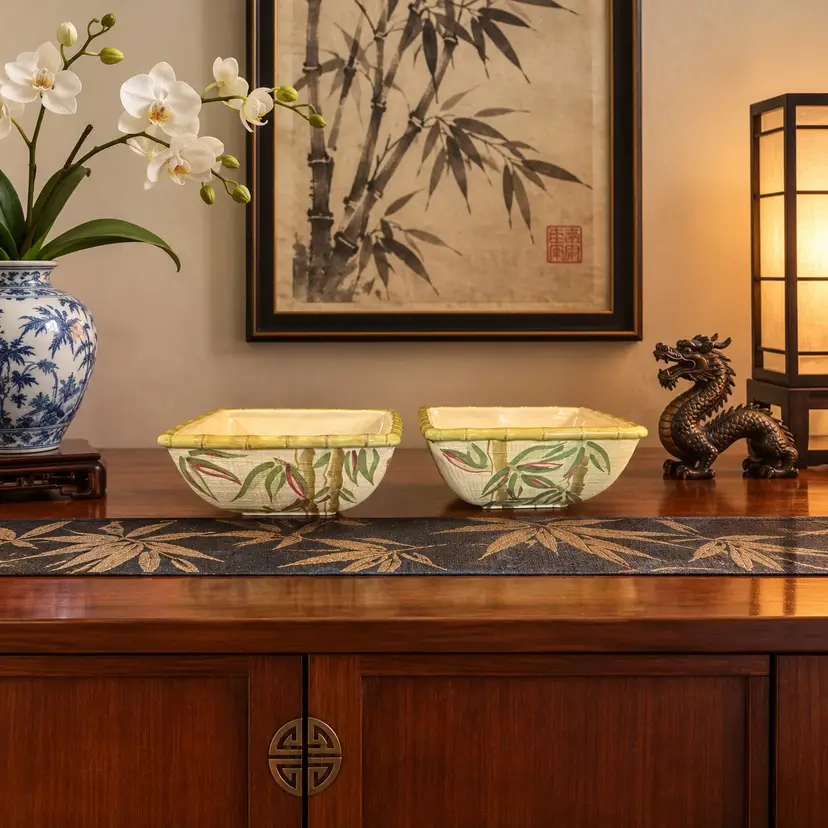 Vintage Asian-Inspired Ceramic Bowls with Bamboo Motif (set of 2)