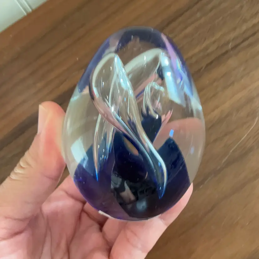 Blue & Clear Art Glass Swirl Egg Shaped Paperweight