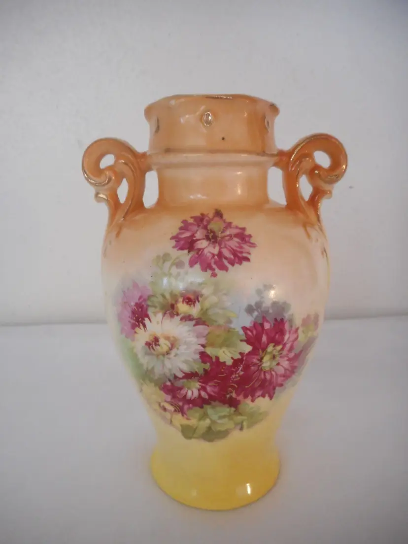 Vintage Austria 6.5" tall floral Yellow Orange Vase Chrysanthemum Gold Trim